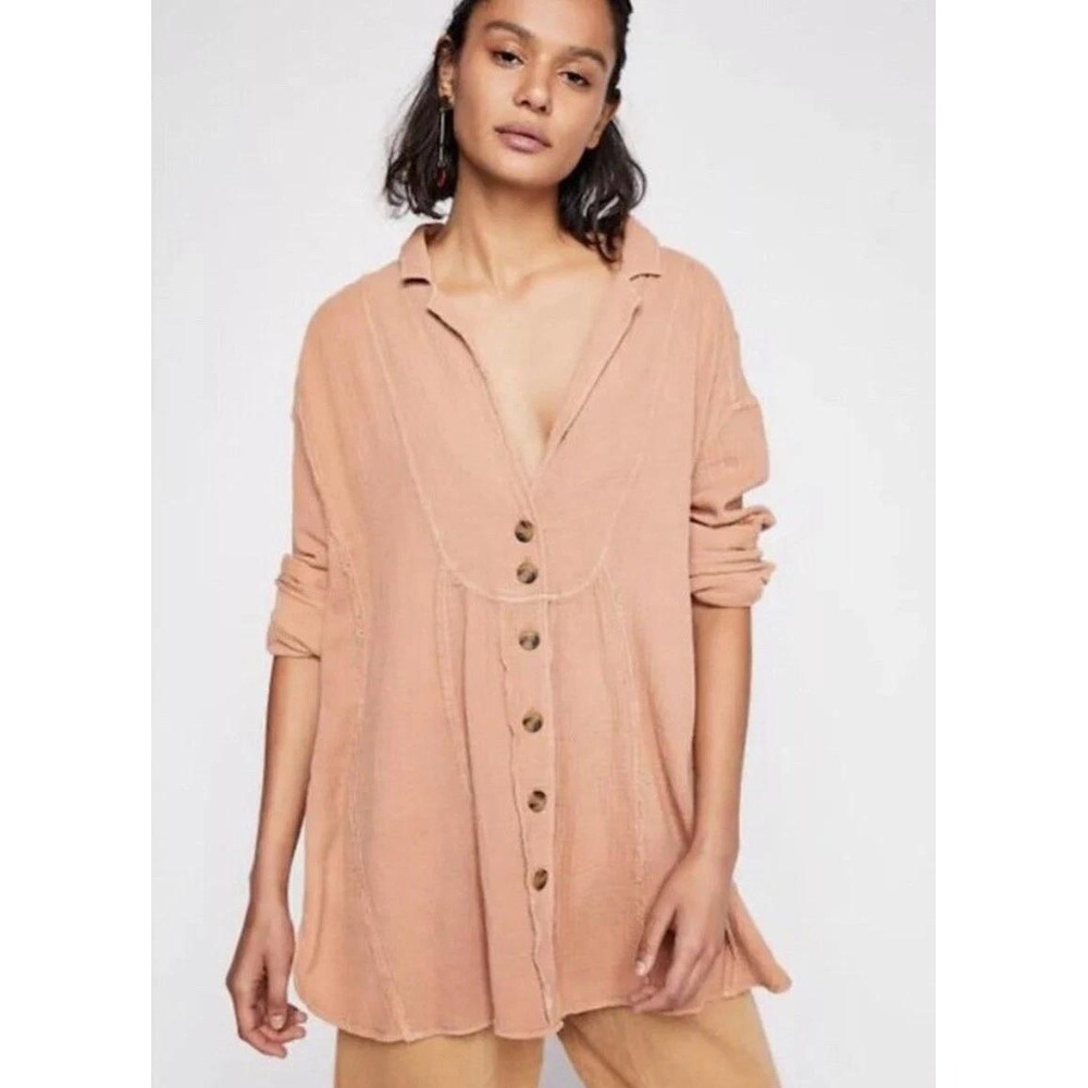 Free People All About The Feels Gauze Oversized Button Tunic S Orange Terracotta